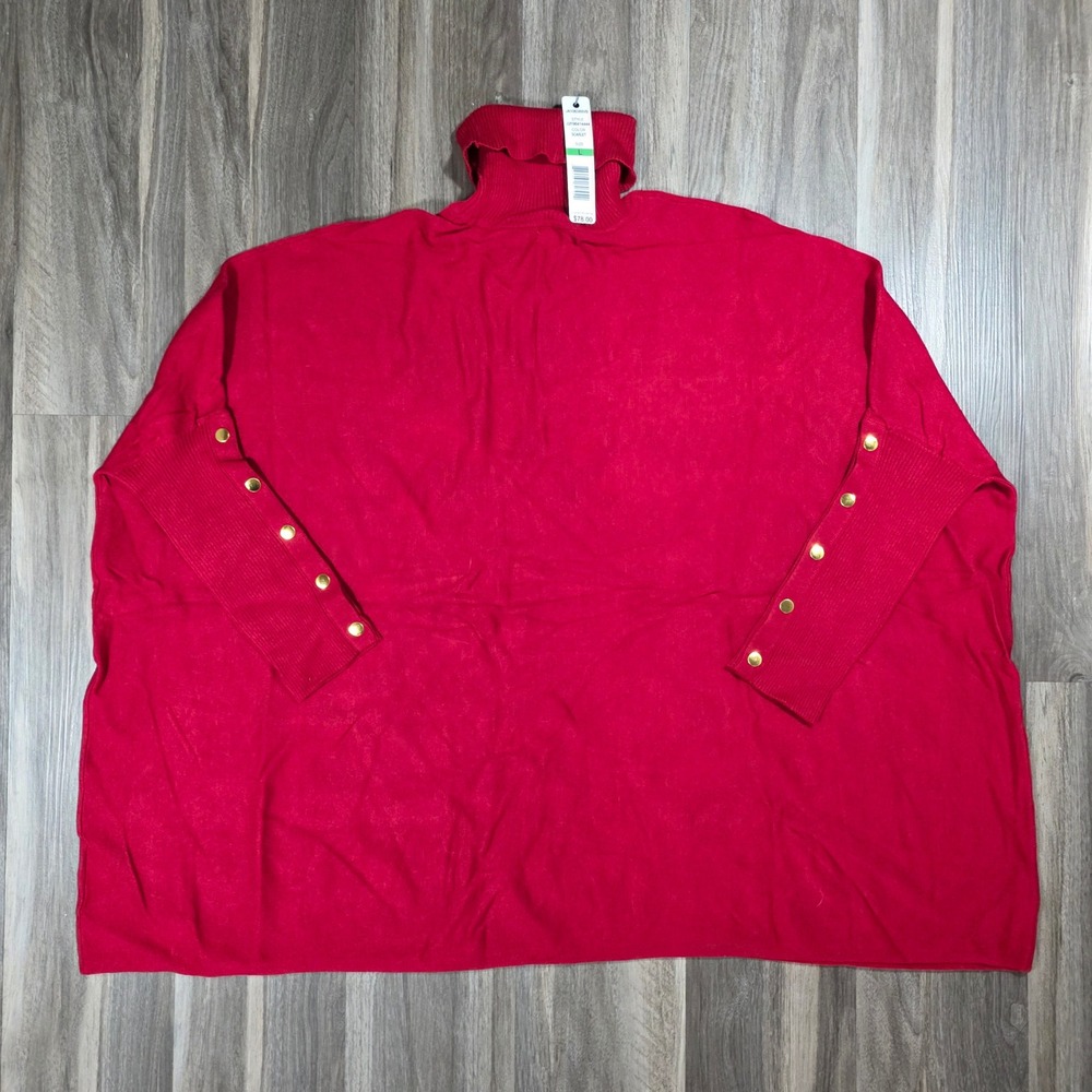 New Worthington Red Turtleneck Poncho Sweater Gold Button Cuffs Size‎ L Scarlet